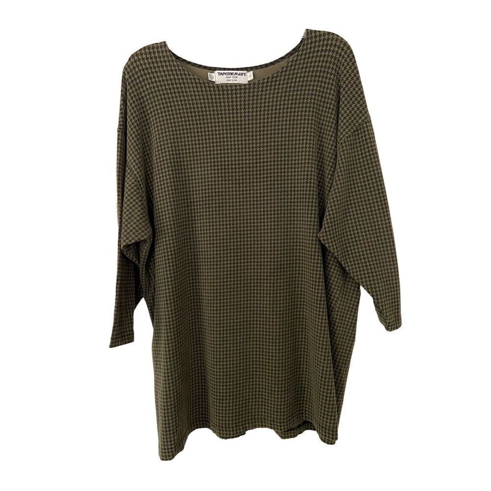 TAPEMEASURE Vintage Houndstooth Tunic Olive Green Boat Neck Lagenlook Size L